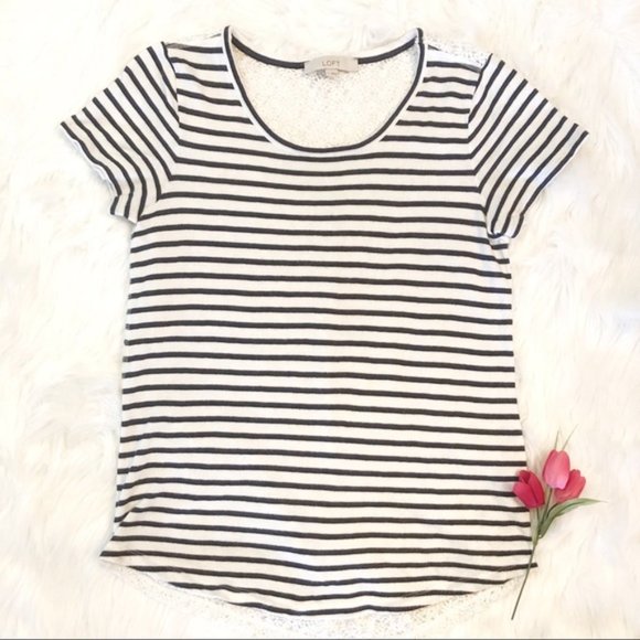 LOFT Crochet Lace Back | Short Sleeve Women's Top Striped Blouse - Picture 2 of 9